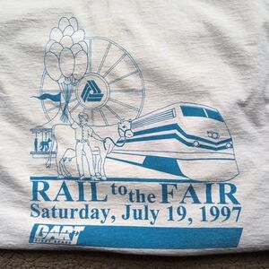 DART Rail To Delaware Fair 1997 White Graphic T-Shirt with Blue Print
